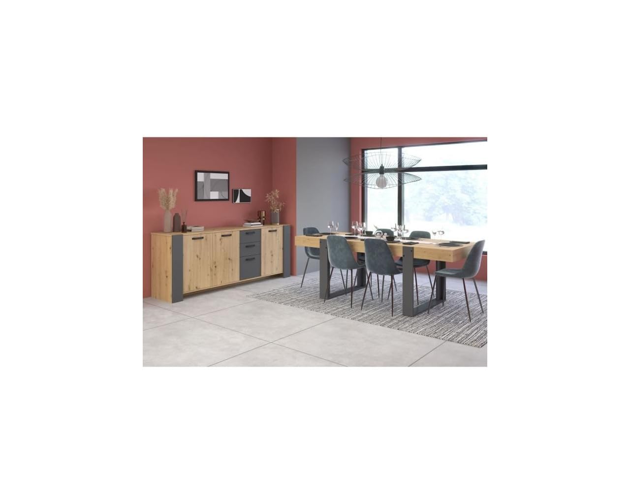Ensemble Enfilade + Table LOFT - Mélaminé décor Chene Artisan et Gris - Table rectangulaire 8 Personnes-Enfilade 3 Portes - P