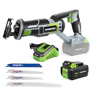 WORKPRO Cordless Reciprocating Saw, 20V 4.0Ah Battery, 1-inch Stroke Length, 4 Saw Blades for Wood & Metal Cutting Included