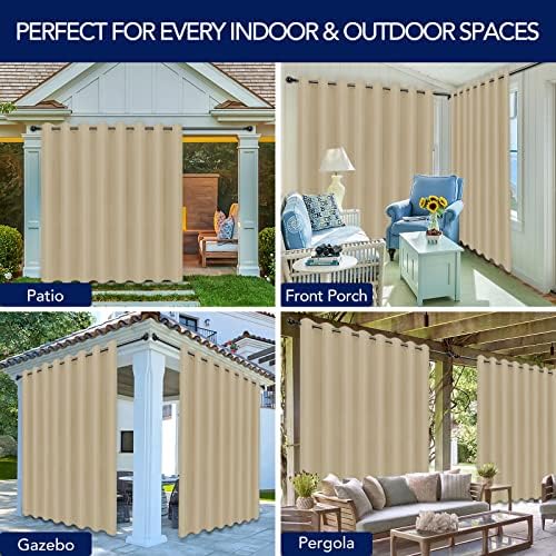 PureFit Outdoor Curtains for Patio Waterproof Weatherproof, UV and Fade Resistant Outside Curtains for Gazebo, Front Porch, Pergola, Sun Blocking Privacy Curtain, 120W x 84L inch, 1 Panel, Beige - 4