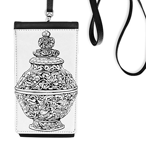 Bourse en cuir suspendu téléphone portable motif vase dynastie Qing noir