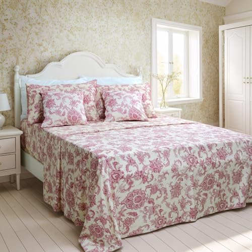 Image of FADFAY Bed Set Red Floral Leaves Bedding Elegant Bed Sheets Set Luxury Bedding Sheet 800 Thread Count 100% Egyptian Cotton Deep Pocket Fitted Sheet, Girls Women 4 Piece-Twin Size