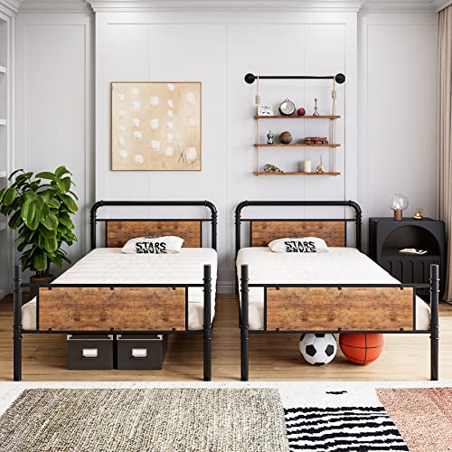 GarveeHome Metal Bunk Bed Twin Over Twin for Kids, Heavy Duty Twin Size Convertible Bunk Bed with Guardrail & Ladders, Noise Free, No Box Spring Needed,Black