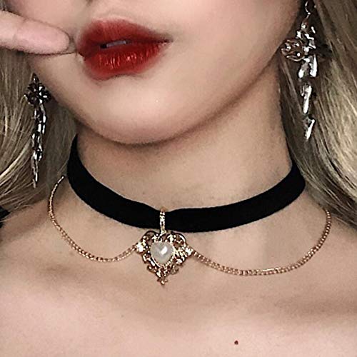 Yienate Vintage Schwarz Samt Choker Halskette Kette Zierlich Gold Liebe Perle Strass Anhänger Gothic Charm Halskette Schmuck für Frauen und Mädchen Cover
