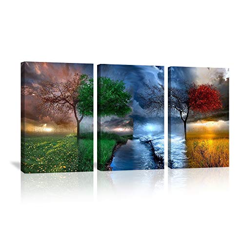 Kalawa Four Change Seasons Trees Canvas Prints Vintage Print Poster For Living Room Bedroom Home Decorations Wooden Framed Ready To Hang(12" W X 16" H X 3 Panels) #TOP29