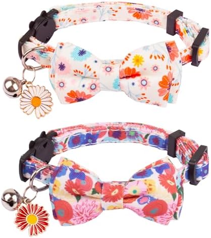 ADOGGYGO Floral Cat Collar Breakaway with Bow Tie Bell - 2 Pack C...