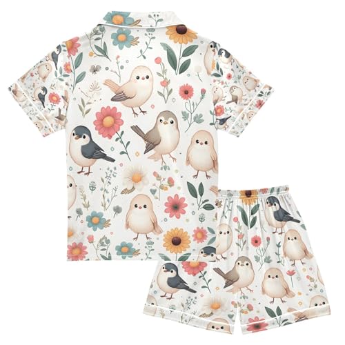 senya Cute Birds and Flowers B Satin Summer Pajama Sets Silk Short Sleeve Button Down Sleepwear2
