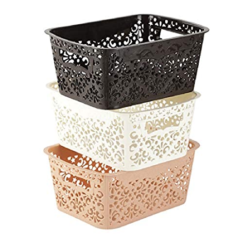 Image of Cutting Edge Essentials Plastic Storage Baskets /Shelf /Turkish Rack without Lid - Set of 3 for Fruit Vegetable Bathroom Stationary Home Basket with Handle (Brown, Beige & White, Small)