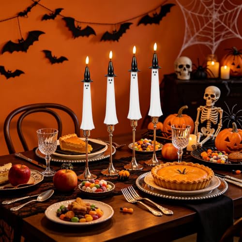 Image of Halloween Witch Flameless Taper Candles Battery Operated with Remote Timer, 400 Hours Long Lasting Real Wax 3D Wick Flickering LED Candlesticks Halloween Decor(2 Pack, 0.75 inch D x 10 inch H)