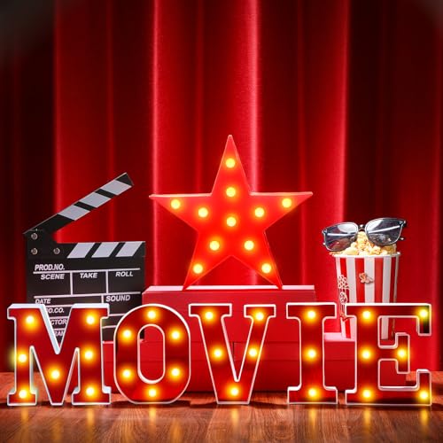Aurelema 7 letras grandes iluminadas de película con luces LED, decoración de fiesta de noche de película, incluye letras de película, tablero de aplausos y letrero de estrella de marquesina para