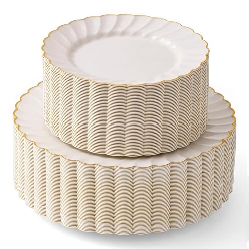 By Madee Heavyweight 100 Pc Ivory And Gold Scalloped Disposable Plates