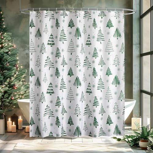 WELTRXE Christmas Shower Curtain, Mould Proof Mildew Resistant Shower Curtain, Green Christmas Tree Pattern, 183X183cm Polyester Bathtub Curtain with 12 Hooks, Weighted Hem, Water Resistant, Quick Dry