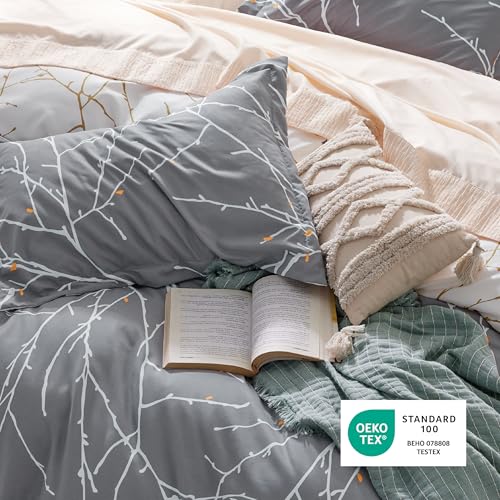Image of Bedsure Tree Branch Duvet Cover Queen - Botanical Duvet Cover Set with Zipper Closure, Grey Bedding Set, 3 Pieces, 1 Reversible Duvet Cover 90 inchx90 inch with 8 Corner Ties and 2 Pillow Shams 20 inchx26 inch