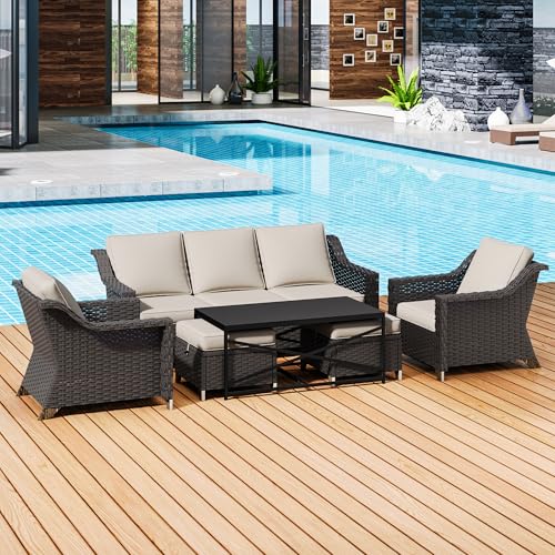 Image of 6 Pieces Outdoor Conversation Furniture Set - 77 inch Patio Sofa, 2 Armchairs, 2 Ottomans, 1 Metal Table, Patio Wicker Couch Set with Washable Cushions for Swimming Pool (Beige) | Patio Chair Set with Olefin Removable Cushion, All-Weather Outdoor Couch with Deep Seat for Porch, Deck and Backyard, Beige