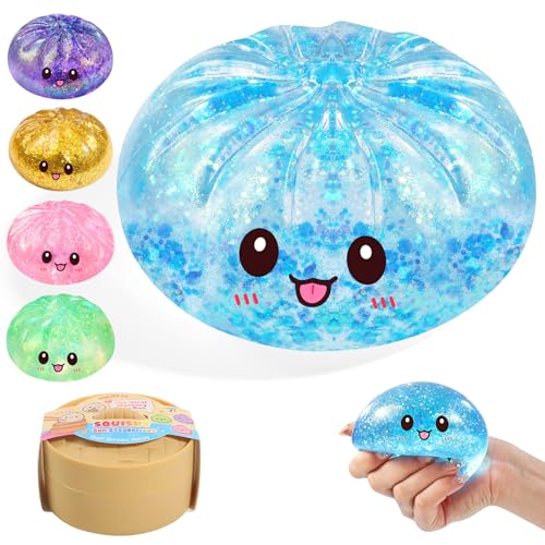 Sugar Glitter Dumpling Squishy,Viral Bao Bun Squishy Dumling Mystery Box,Stress Relief Fidget Squeeze Toy for Holiday & Birthday Gifts (Blue)