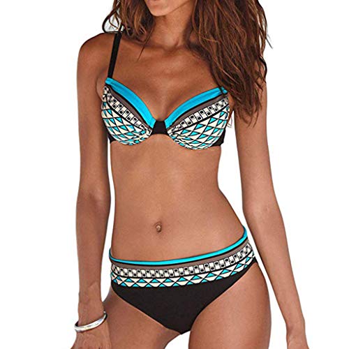 MRULIC Damen Reizvoller Zweiteilige Bikini Set Push Up Gepolstert Cups Mit Bügel Bandeau Badeanzug Bademode Monokini(Blau,EU-34/CN-S)