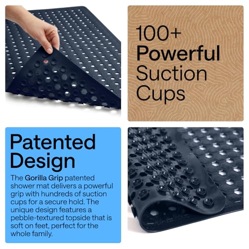 Image of GORILLA GRIP Patented Square Shower Stall Mat, Small Bathtub Floor Mats for Stand Up Showers, Suction Cups and Drainage Holes, Machine Wash, Soft on Feet, Bathroom Accessories 21x21 Inch, Navy Opaque