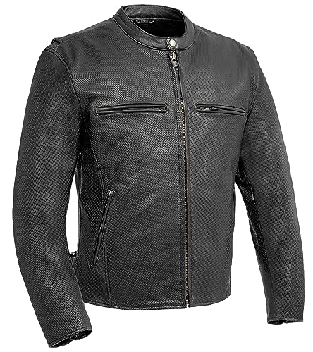 First Mfg Co - Turbine - Men's Motorcycle Biker Riding Black Leather Jacket - Small - Action Back Armor Pockets Belted Grommets Gussets