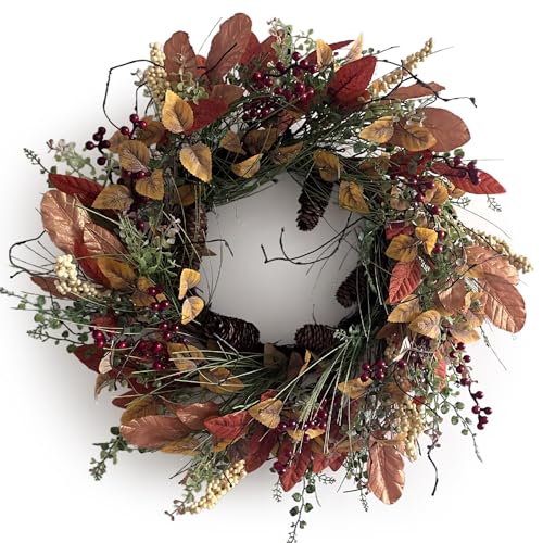 Fall Wreath for Front Door Artificial Autumn Red Broad Leaves Wreath with Golden Foliage and Burgundy Berries Farmhouse Harvest Wreath for Indoor/Outdoor/Thanksgiving/Halloween/Home