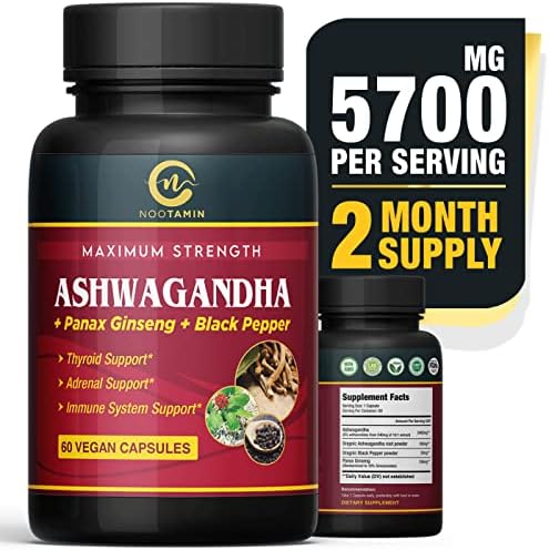 Nootamin Naturals Organic India Ashwagandha Capsules 5700mg - 60 Vegan Capsules with Panax Ginseng + Black Pepper Supporting Focus, Cognitive Function, Immune & Thyroid Support - 2 Months Supply
