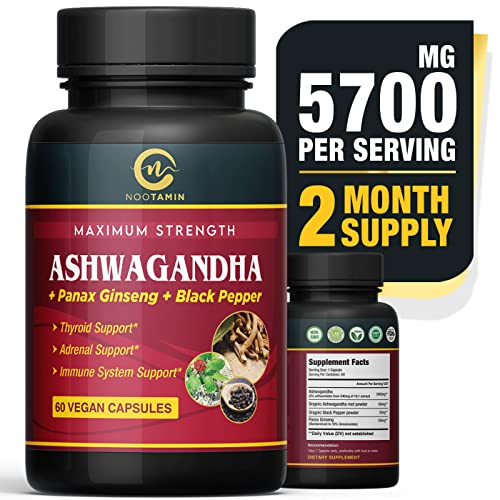 Nootamin Naturals Organic India Ashwagandha Capsules 5700Mg - 60 Vegan Capsules With Panax Ginseng + Black Pepper Supporting Focus, Cognitive Function, Immune & Thyroid Support - 2 Months Supply #TOP30
