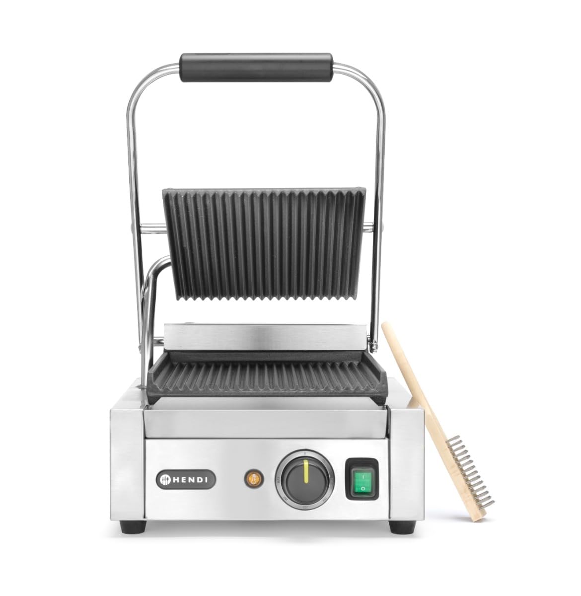 HENDI Kontaktgrill, einzeln, gerillte Ausführung, inkl. Grillreinigungsbürste, Temperatur bis 300°C regelbar, Grillfläche 220x232mm, Elektrogrill, 230V/1800W, 310x375x(H)216mm, Edelstahl