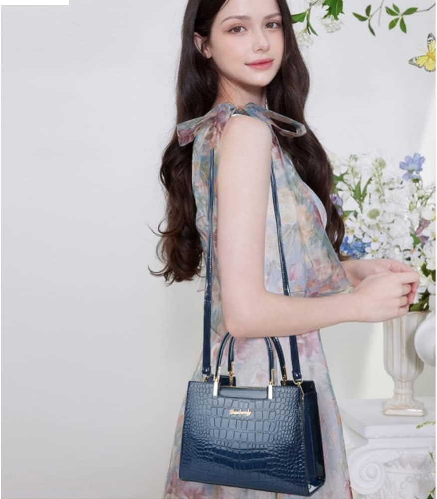 Women handbags Purse Shiny Patent Leather Crocodile Pattern Top Handle Handbag Satchel Bags Zipper Medium Tote Bag