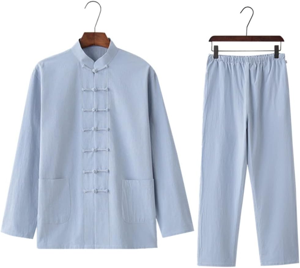 Men's Cotton Hemp Kung fu Suit Chinese Long-Sleeved Shirt and Trousers Suit(D,XLcode)