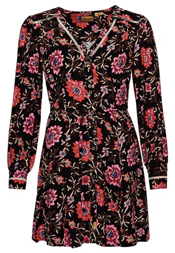 Superdry Damen Mini-Tea-Dress mit Print und V-Ausschnitt Mori Blumenmuster Braun 38
