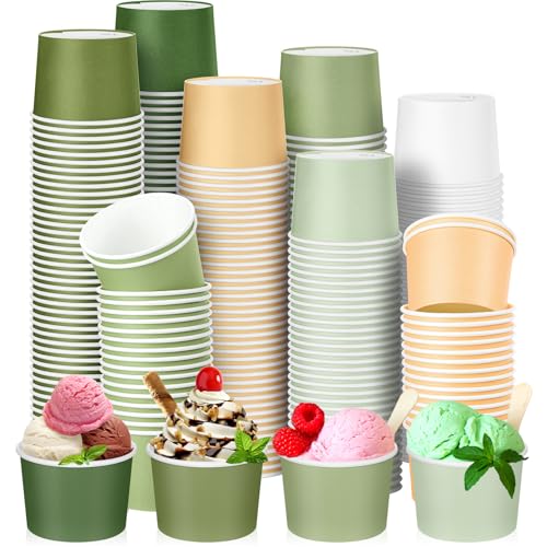 Image of Nuenen 300 Pcs 8 oz Summer Ice Cream Paper Cups Bulk Disposable Dessert Cups Solid Color Paper Dessert Bowls for Snack Sundae Spring Party Favors Ice Cream Bar Supplies (Green Theme)