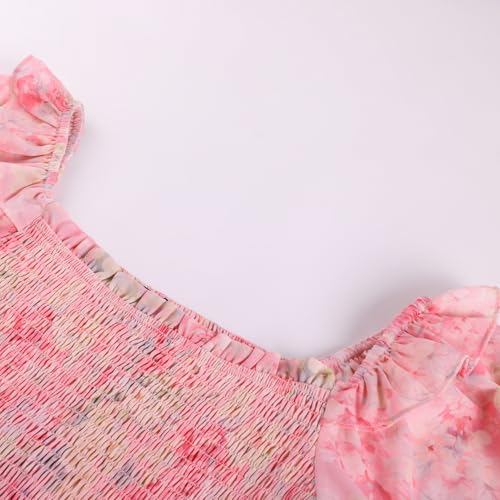 Image of Scarlet Darkness Floral Dress for Women Summer Puff Sleeve Square Neck A Line Flowy Wedding Guest Tea Party Dresses
