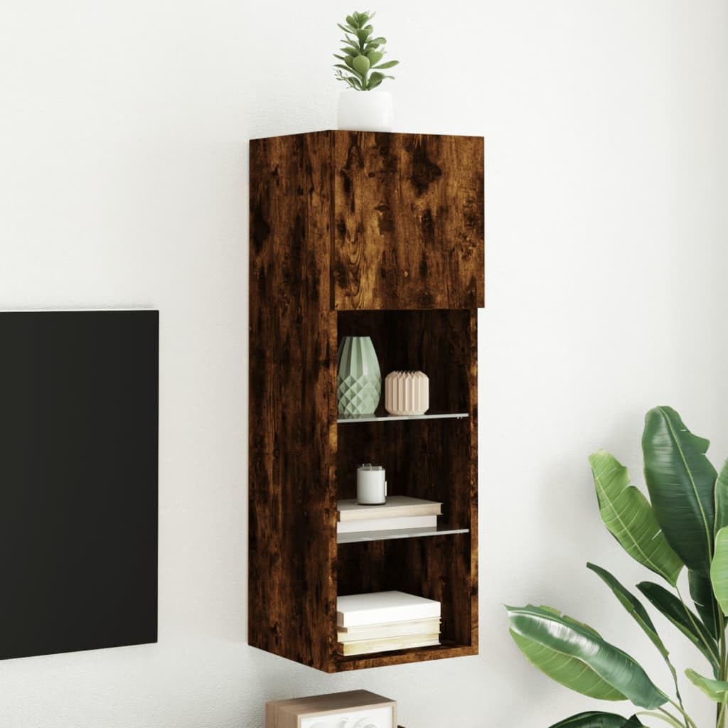 Générique Chene Fume szafka pod telewizor LED 30,5 x 30 x 90 cm | Solidne drewno konstrukcyjne, oświetlenie LED RGB, mocowanie na ścianie, duża pamięć DVD