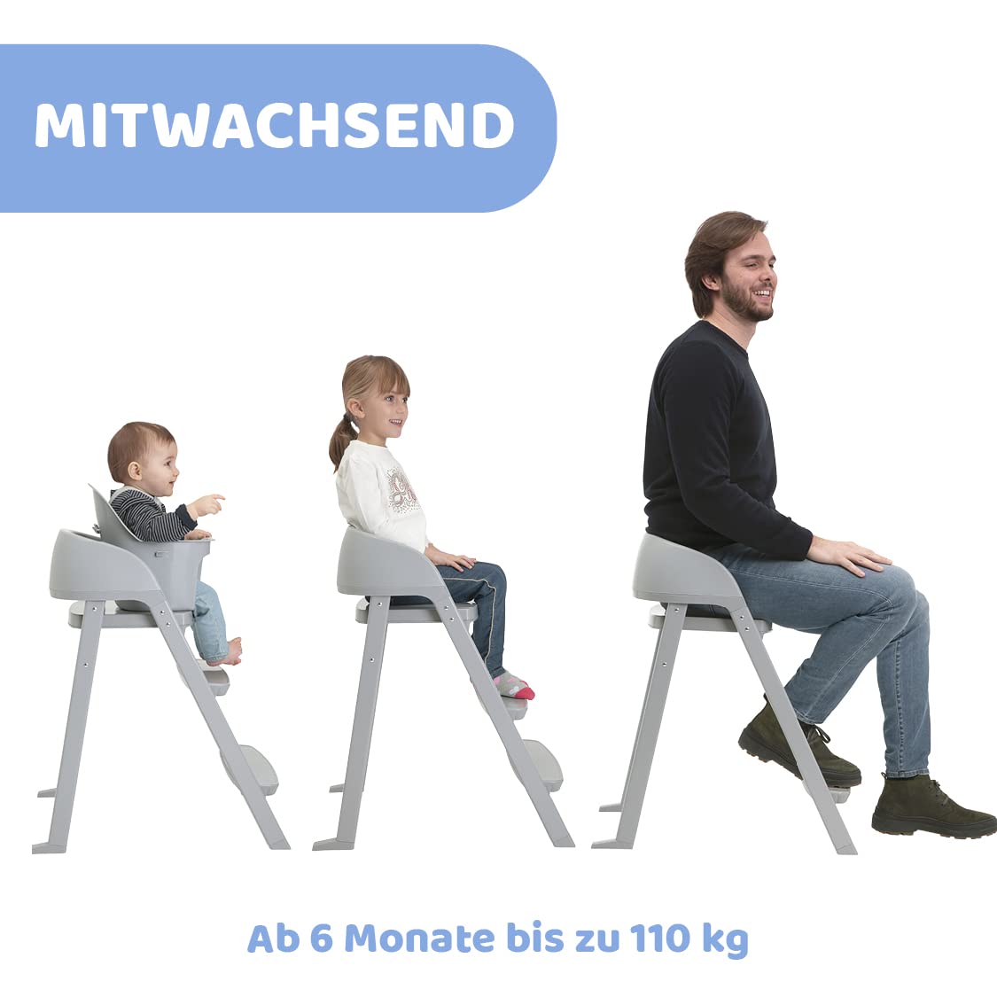 Chicco Crescendo Lite Entwicklungshochstuhl für Kinder von 6 Monaten bis 110 kg, 3 Konfigurationen, umbaubar in einen Kinder- und Erwachsenenstuhl, verstellbare Fußstütze, kompakter Verschluss