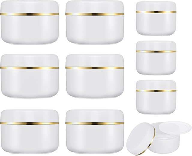 10 pcs Cosmetic Sample Jars Containers, Including 6 pcs 100ml Plastic Refillable Travel Pot, 4 pcs 50g Sample Pots with Gold Dome Lids for Toiletries Creams Make up Sample Glitter Nail Art Storage