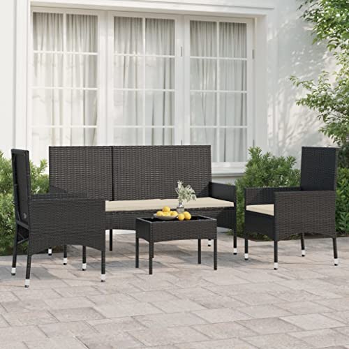 AUVYI 4-TLG. Garten-Lounge-Set mit Kissen Schwarz Poly Rattan 50x30x35cm Couchbar Esszimmergruppe Gartenmöbel Liegestuhl Rückenkissen Sofa Balkonstuhl Lounge Sessel Outdoor Eckbankgruppe