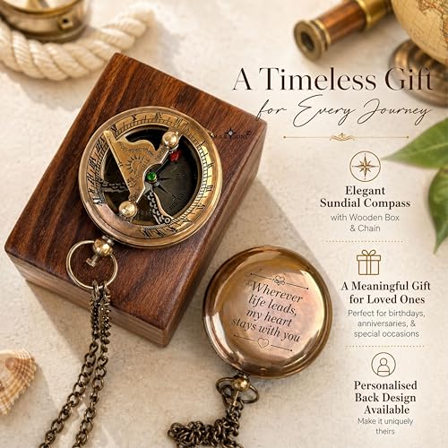 Image of M.A & SONS Push Button Personalized Brass Sundial Compass 1.8 Inch with Wooden Box & Chain | Engraved Back Pocket Nautical Keepsake