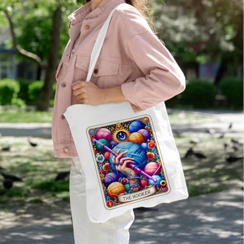 Funny Sarcastic Tarot Card Crochet Gifts Knitting Gothic Witch Stuff Canvas Tote Bag, Reusable Grocery Bags for Shopping, Work, Girls Travel Halloween Decor Gift for Women, Crafter Birthday Halloween3