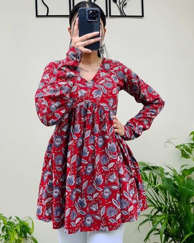 Image of Women's V Neck Anarkali Short Kurti for Women Full Sleeve Floral Print |Stylish Kurtis & Short Kurtis for Woman | Casual Kurti with Jeans | Kurtas for Woman