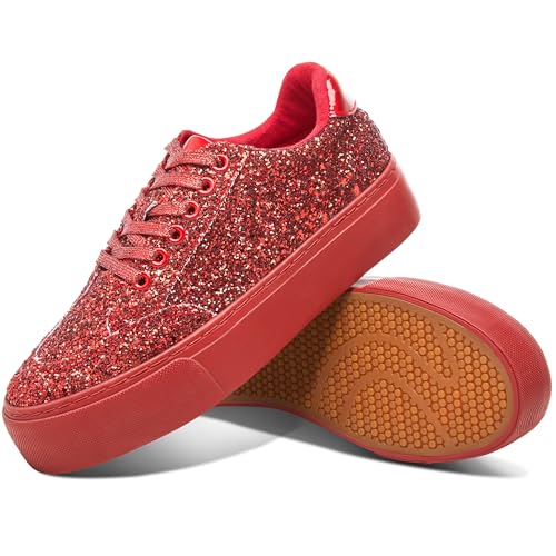Jeekopeg Glitter Platform Sneakers Women Casual Sequin Sparkly Shoes Bling Thick Sole Walking Shoes Shiny Sequin Wedding Sneakers for Lady(Red Glitter US8)