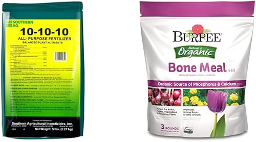 Southern Ag Fertilizante granular multiusos 10-10-10, 5 libras y fertilizante de harina de hueso de burpee  Añadir a la tierra para macetas  Fuerte