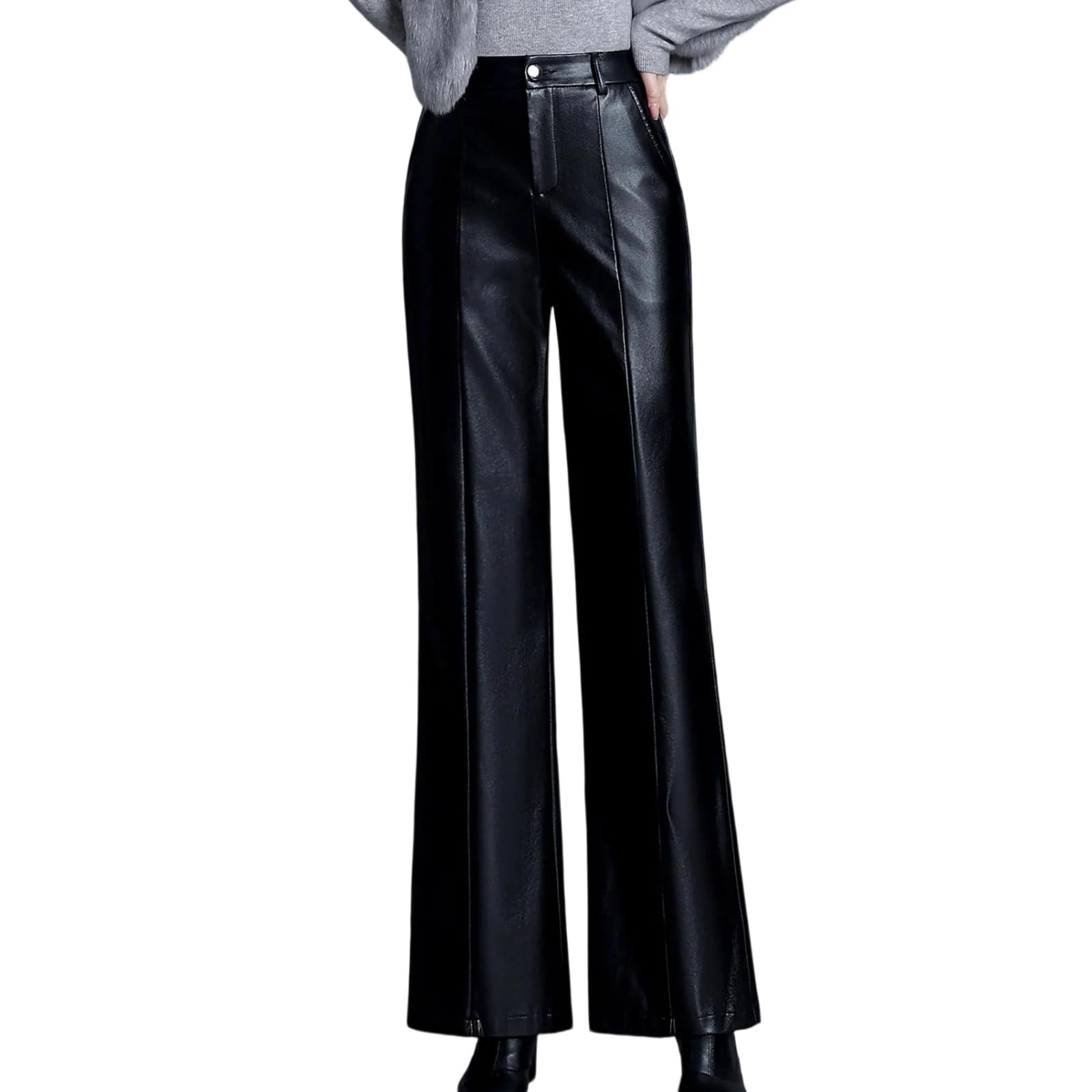 Womens Pu Leather Pants Winter High Waist Flare Slim Long Pu Leather Trousers Fashion Warm Pants