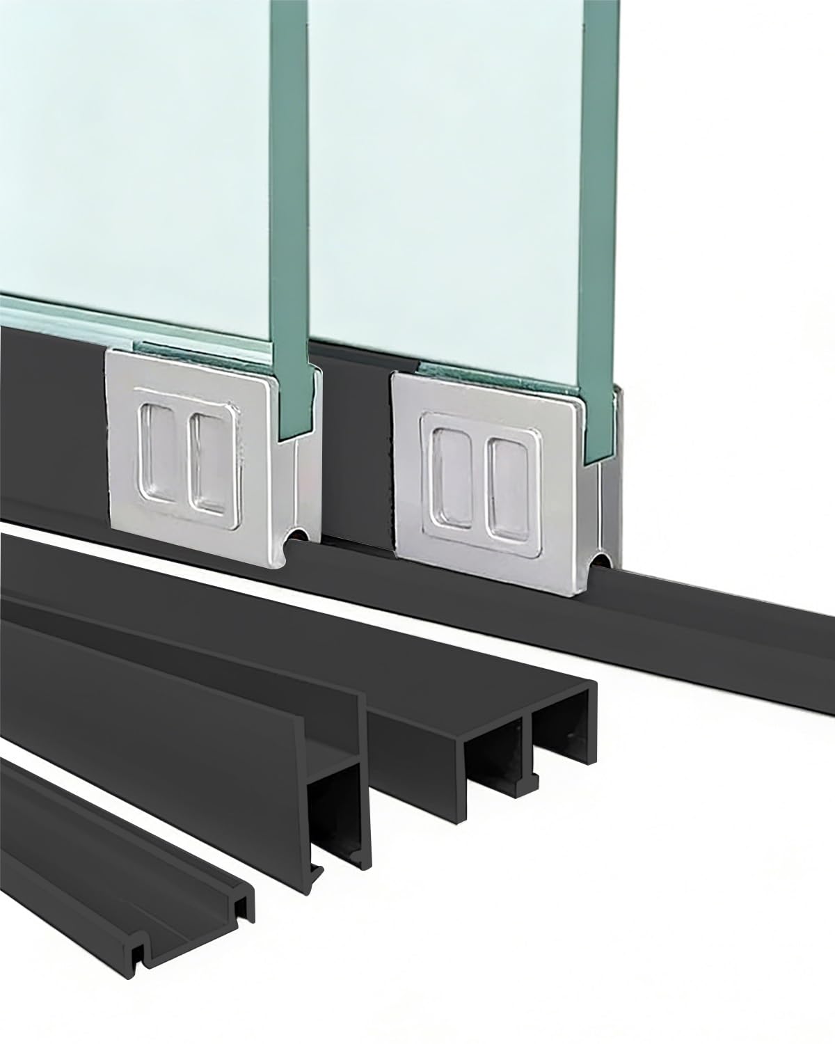 Sliding Door Kit Wardrobe Glass Sliding Door Track 60 80 90 100 120 cm, Display Cabinet Door Hardware Kit for 2 Doors, Kitchen Cupboard Door U Channel System(Black,132cm/51.9inch)