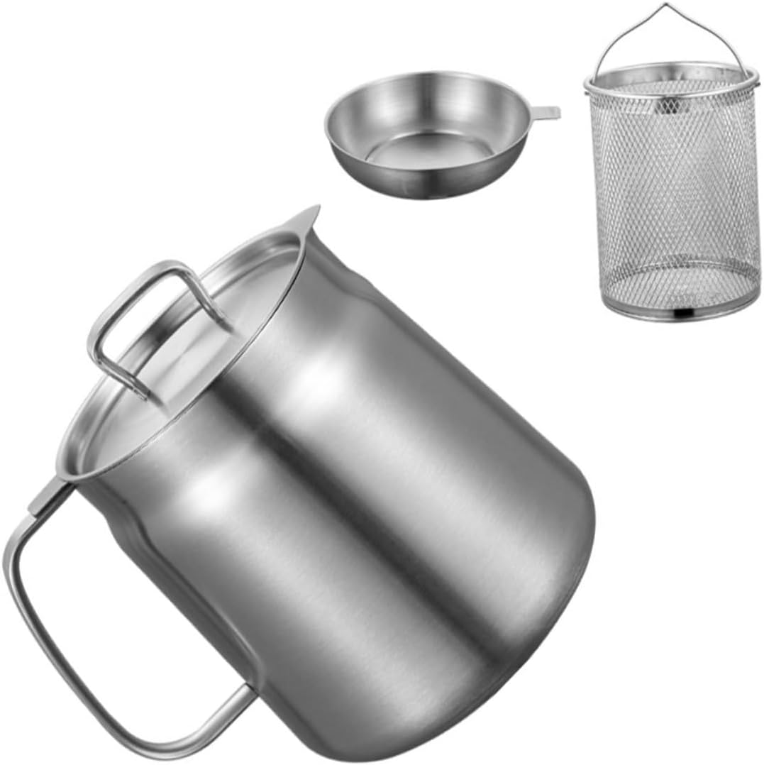 NUOBESTY 2l Stainless Steel Oil Strainer Pot with Fine Mesh Basket, Kitchen Grease Container for Deep Fryer and Bacon Fat Storage, Matte Finish Food Strainer for Cooking Oil Filtering