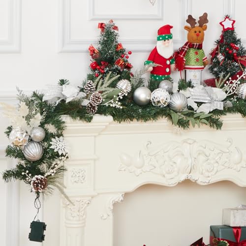 Prelit Christmas Garland with 20 Lights, Outdoor Christmas Garland with Silver White Christmas Balls Pine Cones Berries for Front Door Fireplace Mantel Porch Indoor Home Holiday Decorations