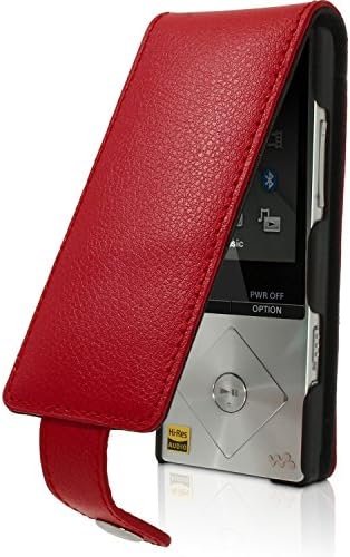 iGadgitz U3522 Leather Flip Case Cover with Detachable Carabiner +Belt Loop +Magnetic Closure +Screen Protector Compatible with Sony Walkman NWZ-A15, A17, A25, A27 8GB 16GB 32GB & 64GB - Red