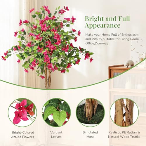 GarveeHome 6FT Artificial Bougainvillea Tree, Tall Potted Fake Tree Indoor, Faux Tree with Wood Trunk and Pink Flowers for Outdoor