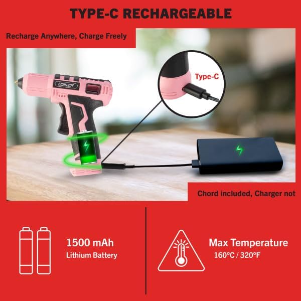 4V Cordless Hot Glue Gun - Wireless Glue Gun Kit with 15 Second Warm-Up Time and 20 Sticks - Crafting and Classroom Essentials by Stalwart (Pink)