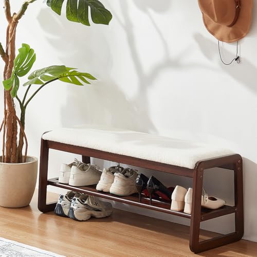 Shoe Rack Bench, 2 Tier Solid Wooden Entryway Bench(Cream White, 39.4″) | Shoe Bench with Shoe Storage, Shoe Rack with Cushion, Teddy Velvet Fabric, Max Load 600 lbs, for Living Room, Hallway, Garage