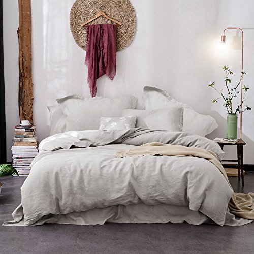 Merryfeel Linen Duvet Cover Set King Size,100% French Flax Linen Grey Duvet Cover Set,3 Pieces Basic Style Natural Linen Beding Set (1 Duvet Cover With 2 Pillwoshams)- King Grey #TOP9