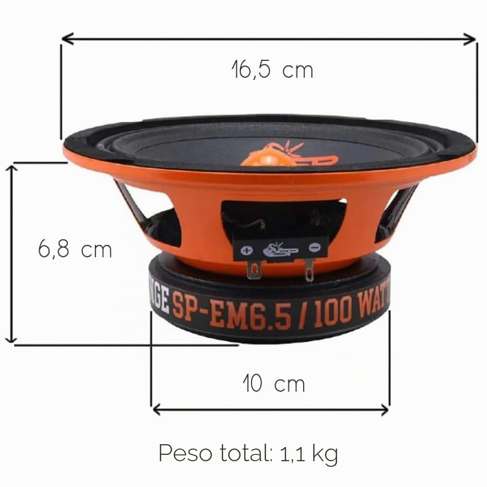 SP Audio SP-EM6.5 Kit, 1 Kit de 2 Vías Altavoz de 16,5 cm 6,5", 200 W RMS, 400 W Máx., 4 Ohmios, con 2 Medios, 2 Tweeters y 2 Crossovers, para Puertas de Coche