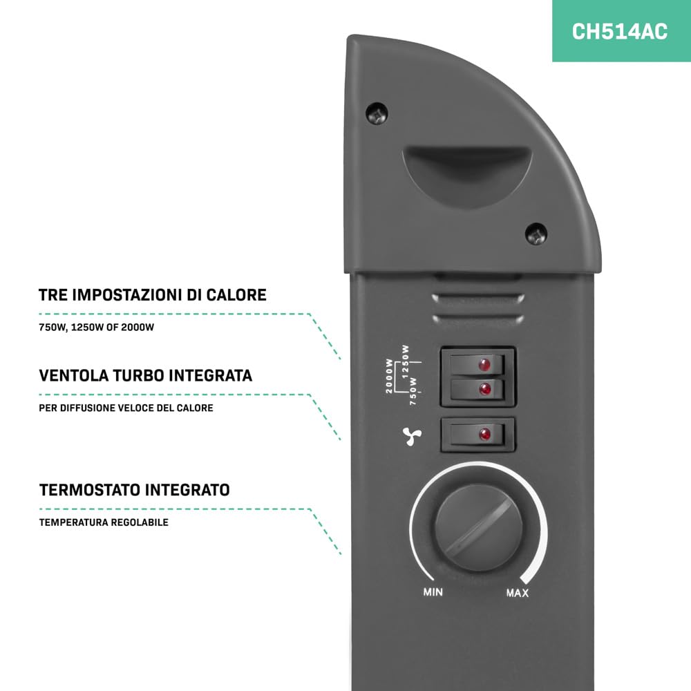 VONROC Riscaldatore elettrico | Stufa elettrica | Termoconvettore 2000W | Con 3 impostazioni e funzione turbo Nero